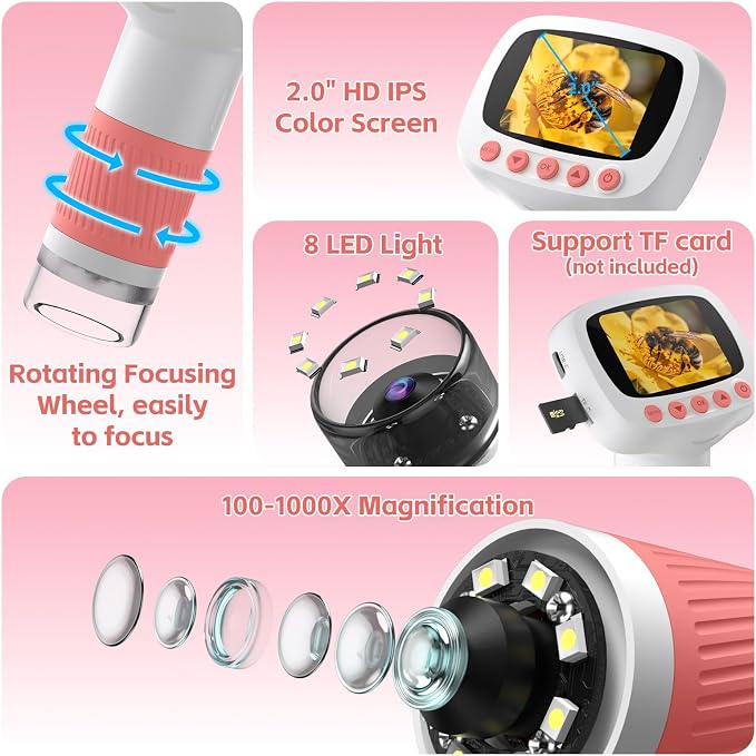 Pocket Kids Microscope for Over 3 Years Old, 1000X Handheld Microscope for Kids w/2''IPS Digital, Photo Video Mini Portable Microscopes, Science Edu Digiscope,Christmas Birthday Gifts for Kids