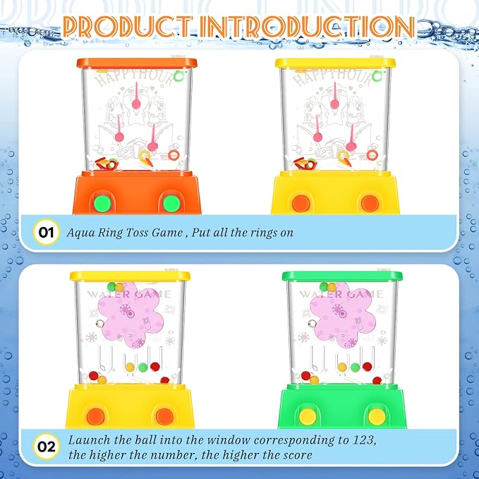 Gejoy 4 Pieces Water Games Handheld for Kid Small Retro Waterful Ring Toss Handheld Game Birthday Goodie Bags Stuffers School Classroom Prize Reward Pastime Car Toy Fidget for Boy Girl(Cute Style)