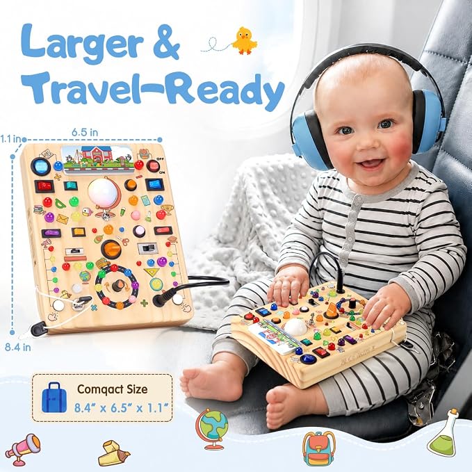 Busy Board with 19 LED Light Switches, Montessori Toys for 1 2 3 Years Old, Wooden Sensory Board, Toddlers Activity Travel Toys for 1 2 3 Year Old Boy & Girl Birthday Gift (Big School)