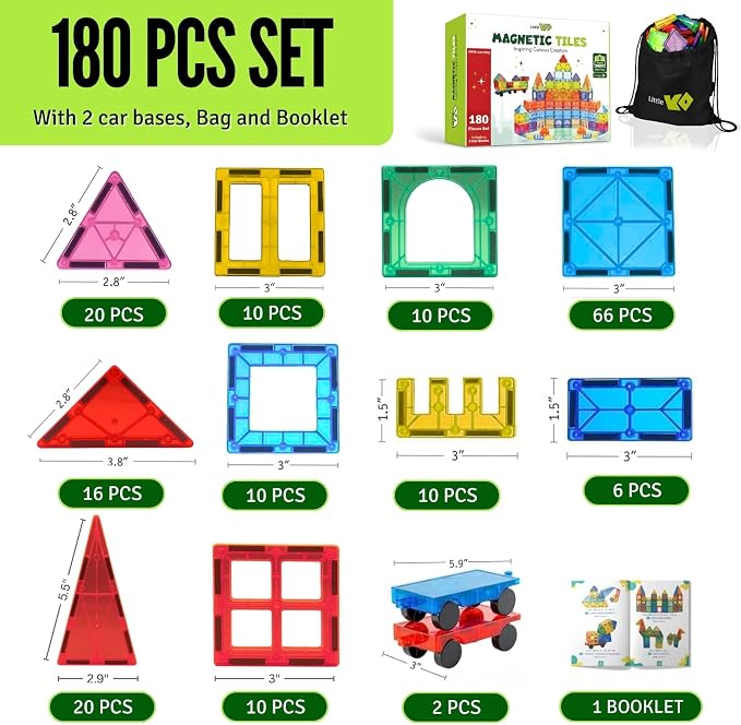 Magnetic Tiles Set 180 PCS with 2 Cars Bases, STEM Educational Magnet Toys for Kids Ages 3-12, Magnetics for Kids & Preschool, Creative Magnetic Building Toys for Boys & Girls