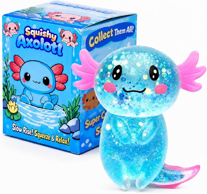 Axolotl Squishy Stress Ball, Soft TPR Slow Rising Squeeze Toy, Cute Axolotl Fidget Toy for Stress Relief, Anxiety Calming Sensory Toy for Kids Adults(Blue Long Tail Axolotl)