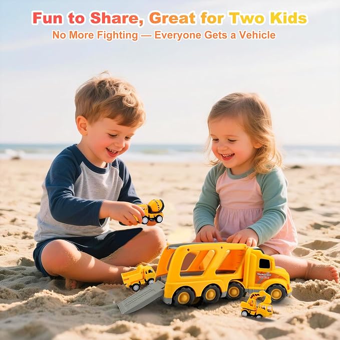 Construction Truck Toys for Toddler 3-4: 5-in-1 Vehicles with Sound Lights | 13 inch Big Carrier 4 Mini Truck - Great for Little Boys Daily Repeat Play - Ideal Christmas Birthday Gifts for Boy Grandkids