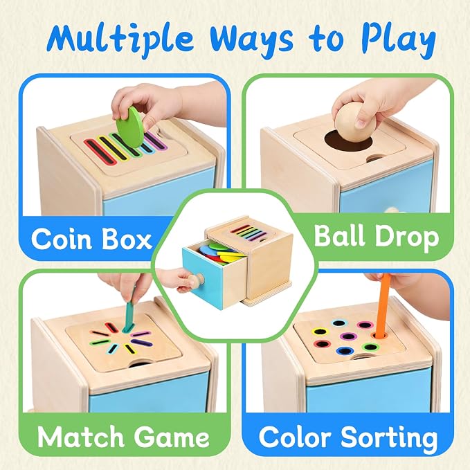 4-in-1 Montessori Coin Box, Wooden Montessori Toys for 1+ Year Old | Object Permanence Ball Drawer Drop Box, Learning Color Sorting Sensory Fine Motor Skills Toys, 1st Birthday Girl Boy Gifts