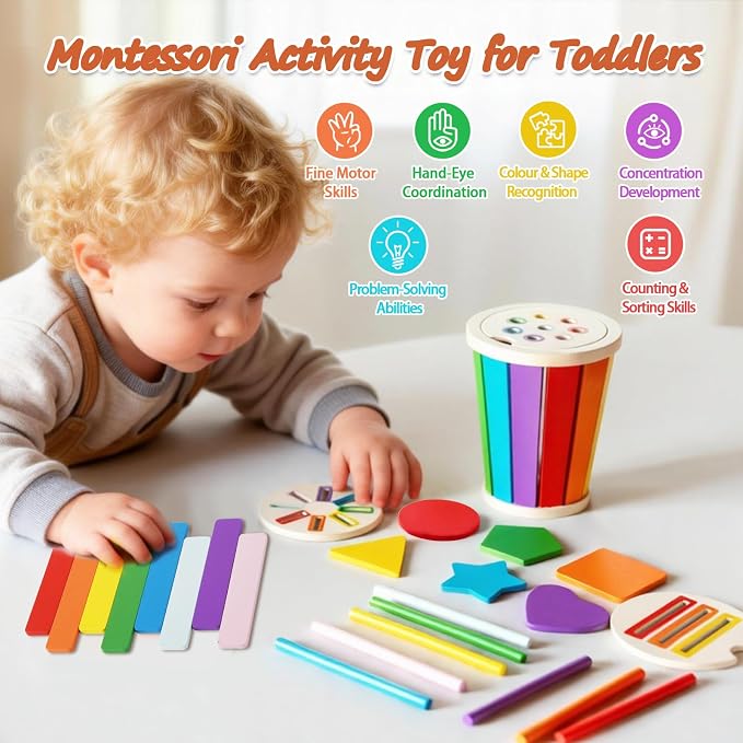 Montessori Toys for 1-3 Year Old, Wooden Color Sorting Learning Toys for Toddlers, Fine Motor Skills Matching Games,Sensory Development Educational Toy,18 Month+ Baby Boys Girls