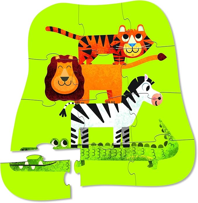 Crocodile Creek 12-Piece Mini Jigsaw Puzzle - Fun Floor Puzzles for Kids Ages 2-4 and Up - Heavy-Duty Shaped Box for Storage - Jungle Friends - 12" x 9" Finished