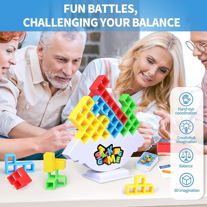 BBnote 48PCS Stack Game for Adult & Kids, Tetra Board Tower Games for Family Travel Party, 2 Players Balance Stacking Toy, Team Toys Building Block