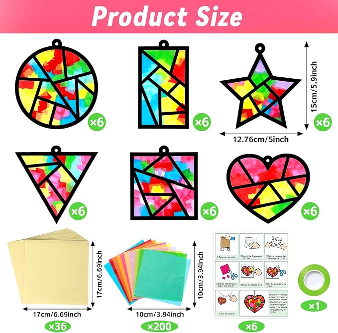 Qyeahkj 36 Set Geometric Shapes Suncatcher Crafts for DIY Star Window Tissue Paper Craft Kit Triangle Heart Hanging Decor for Summer Home Activity Art Project Birthday Party Favor Gift
