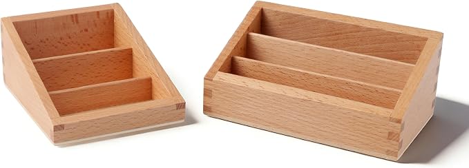 Premium Montessori Large Three Part Box 2pcs– Solid Beechwood Storage Box for Language 3-Part Cards, Sorting & Classification Tray, Practical Life Materials for Card Organization, Homeschool Classroom