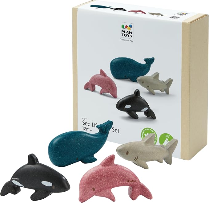 PlanToys® Wooden Sea Life 4-Piece Set, Dolphin, Orca, Whale & Shark Kids Toy