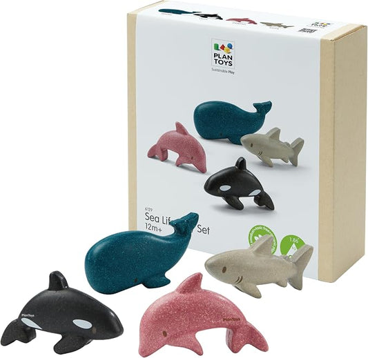PlanToys® Wooden Sea Life 4-Piece Set, Dolphin, Orca, Whale & Shark Kids Toy