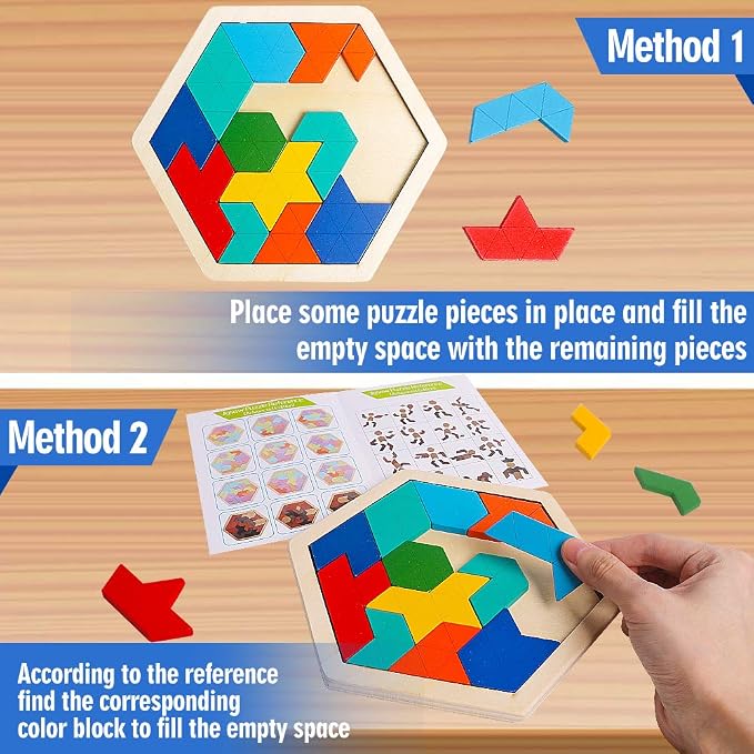 Wooden Hexagon Puzzle, Geometry Logic IQ Brain Blocks for Kids & Adults | Montessori Educational Toy, Geometric Shape Blocks, Logic IQ Game, Ideal Gift for Kids Teens Adults