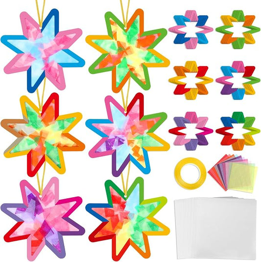 Qyeahkj 36 Set Summer Star Suncatchers Crafts for DIY Star Window Tissue Paper Craft Kit Art Ornament Hanging Decor for Home Activity Art Project Birthday Party Favors Gifts
