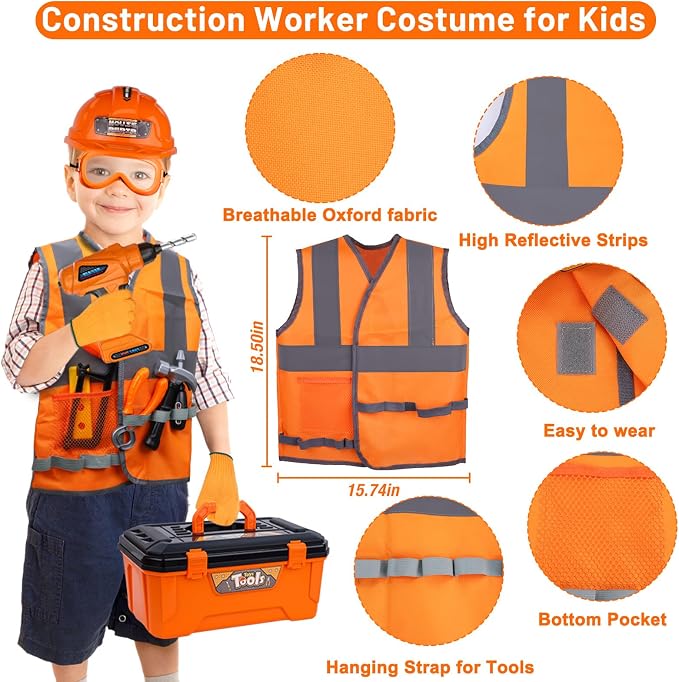 MAGIC4U 50PCS Kids Tool Set wtih Electric Drill, Safety Vest, Hat, Goggles | Pretend Play Construction Costume Toy, Tape Measure 12 Tool Equipements, Realistic sounds, Toddler Tool Box for Boy Girl