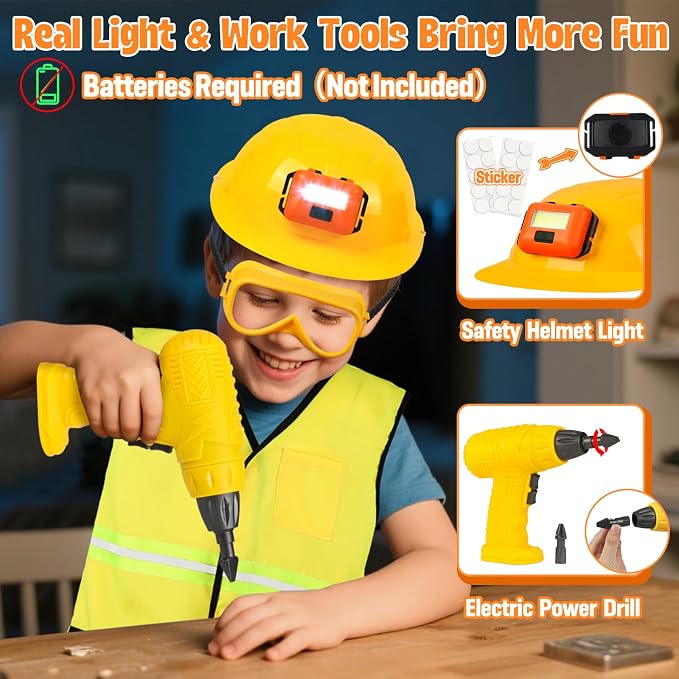 HUUIDY Construction Worker Costume with Electric Drill for Kids Ages 4-12 | Kids Dress Up Clothes Include Safety Vest and Hat, Helmet Light for Halloween Party, Career Day, Pretend Play, Birthday Gift