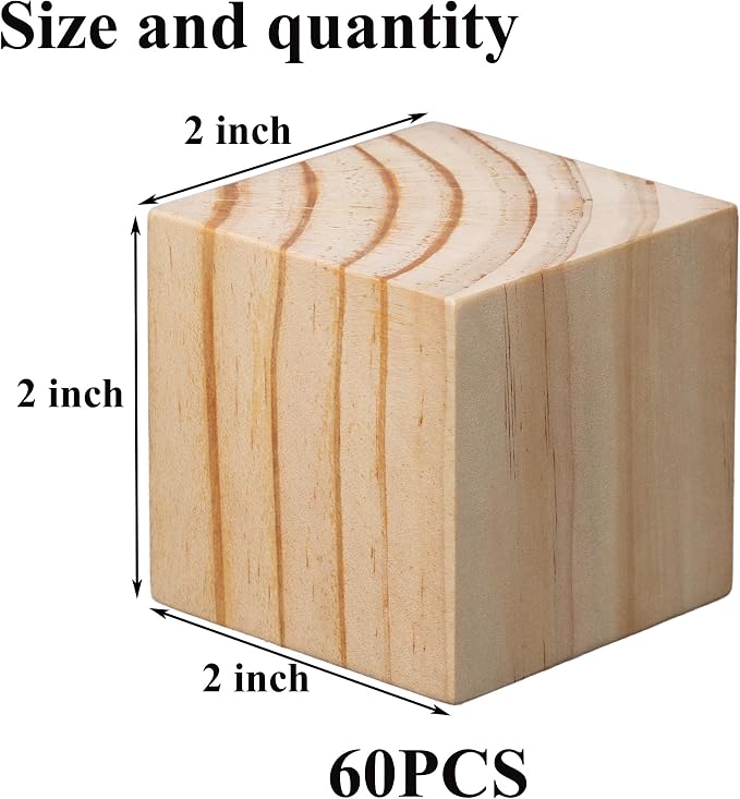 Ninekong 60 Pack Unfinished Wood Blocks 2 Inch - Solid Pine Wooden Cubes for Crafts, Sanded Smooth Natural Wood Squares for Painting, DIY Projects, Puzzle Making & Home Decor