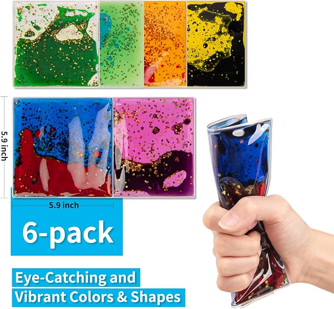 Art3d Square Sensory Fidget Multicolor Liquid Motion Tiles, 6" x 6", 6-Pack | Lightweight, Boost Focus, Relieve Anxiety, Eco-Friendly, Varied Colors & Shapes, Suitable for Kids, Toddlers & Teens