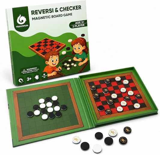 TRAVOFUN Magnetic Reversi and Checkers | Travel Games for Kids 8-12 | 2-in-1 travel reversi game and checkers board keeps magnetic pieces secure for car rides, flights, and strategy play.