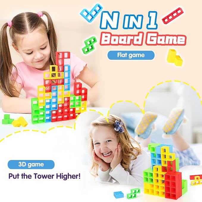 BBnote 64PCS Stack Game for Adult & Kids, Tetra Board Tower Games for Family Travel Party, 2 Players Balance Stacking Toy, Team Toys Building Block