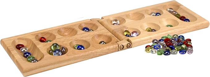 Pressman Mancala Board Game | Fun Classic Table for Adults & Kids | Includes 48 Glass Mancala Stones and Wood Hinged Playing Board | 2 Players, Ages 6+