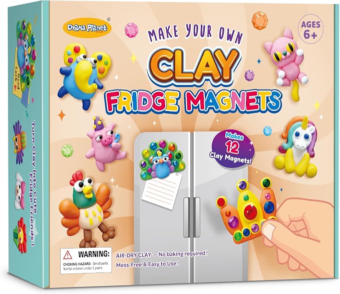 Drama Planet Make Your Own Clay Fridge Magnets Kit for Kids | Air-Dry Clay Crafts, Includes Instruction Book with 30 Designs, Makes 12 Fridge Magnets