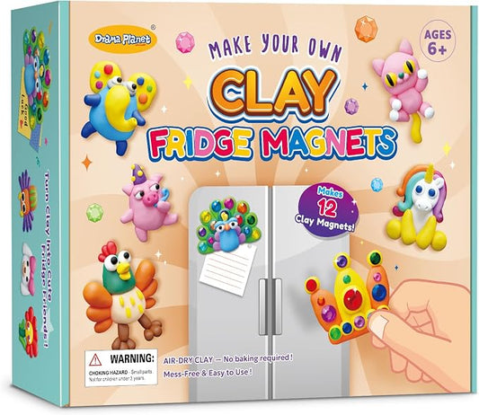 Drama Planet Make Your Own Clay Fridge Magnets Kit for Kids | Air-Dry Clay Crafts, Includes Instruction Book with 30 Designs, Makes 12 Fridge Magnets