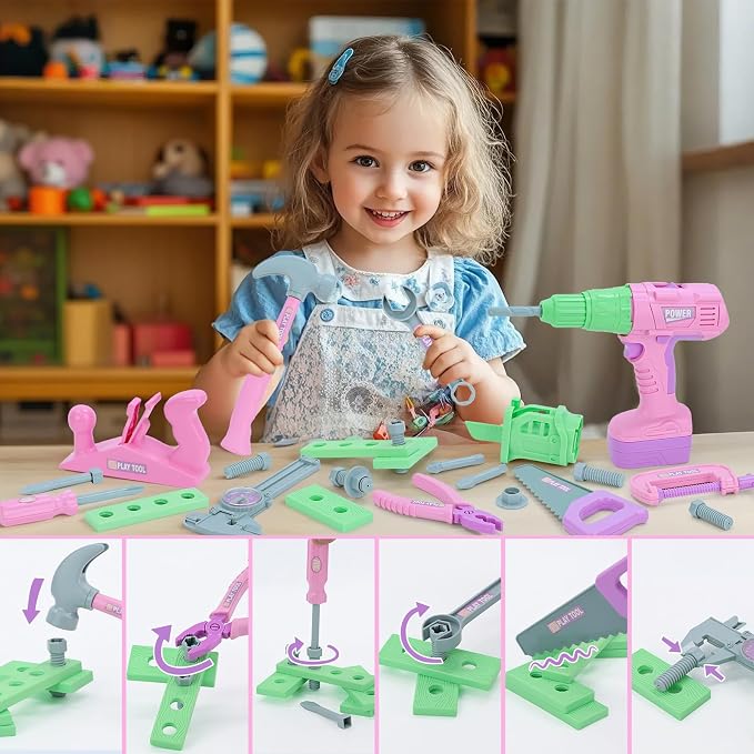 Magic4U Kids Tool Set,Toddler Toolbox with Electric Drill Working Vest | Electric Drill and Saw Toy with 3 bits, Realistic Sounds, Develop Fine Motor Skills and Hand-eye Coordination, STEM Education