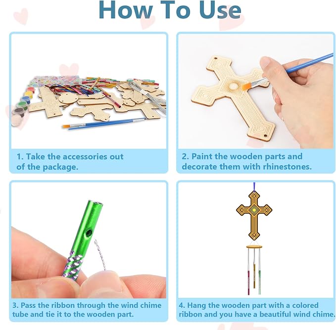 Fennoral 9 Pack Cross Wind Chime Kit for Kids Make You Own Sunday School Craft for Kids Wooden DIY to Paint for Art Activities Christian Mom's Gifts Birthday Sunday School Decoration