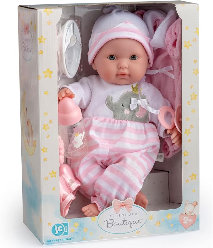 15" Realistic Soft Body Baby Doll with Open/Close Eyes | JC Toys - Berenguer Boutique | 10 Piece Gift Set with Bottle, Rattle, Pacifier & Accessories | Pink | Ages 2+