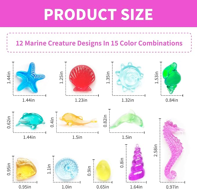 100+ Pcs Mini Sea Shell Ocean Sensory Bin Filler Diving Gem Toys for Kids | Little Acrylic Plastic Seashells Animals Figurines Decorating Crafts, Mermaid Pool Party Favors, 15 Colors 12 Styles