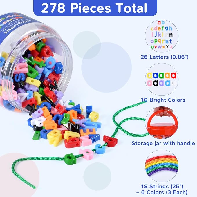 278 Pcs Lacing Letters Beads, 10 Color Alphabet Letter Beads Learning Toys with 18 Laces, Lowercase ABC Bead Letters Toys for Kids Ages 3+, Home Manipulatives for Preschoolers, Back to School Supplies