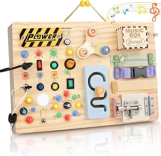 Joyreal Wooden Busy Board Montessori Toys for Toddlers, Sensory Activity Board with LED Lights, Music Box & Locks, Educational Learning Toy Gifts for Boys and Girls
