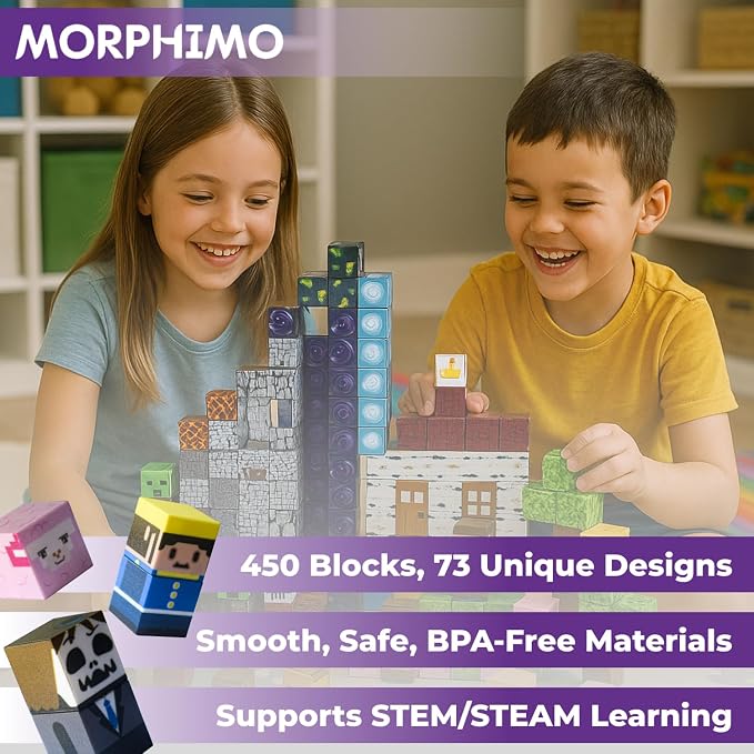 450 PCS Magnetic Building Blocks Set - Big STEM & Sensory Toy for Kids - Stacking Magnets - Instruction Book & Fabric Storage Bag - Shared Play Toy for Siblings & Friends