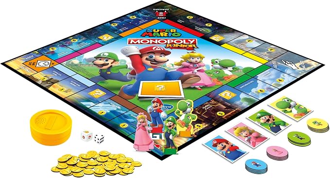 Monopoly Junior Super Mario Edition Board Game, Fun Kids' Ages 5 and Up, Explore The Mushroom Kingdom as Mario, Peach, Yoshi, or Luigi (Amazon Exclusive)