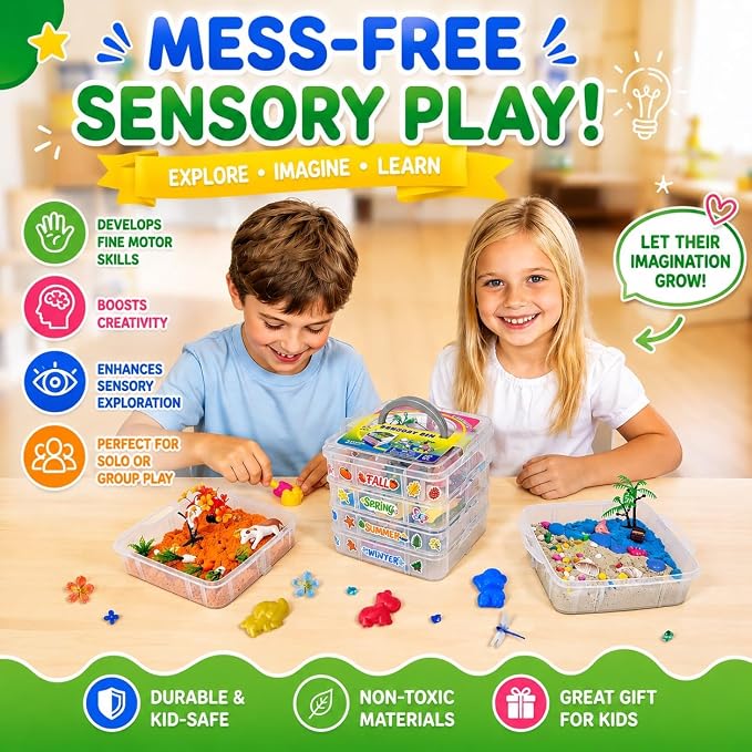 AGENTLAN Seasons Stackable Sensory Bin, Mini Sandbox for Boys and Girls | Spring,summer, fall, winter, sensory toys with sensory sand, gift for toddlers ages 3 4 5 6 7 8+
