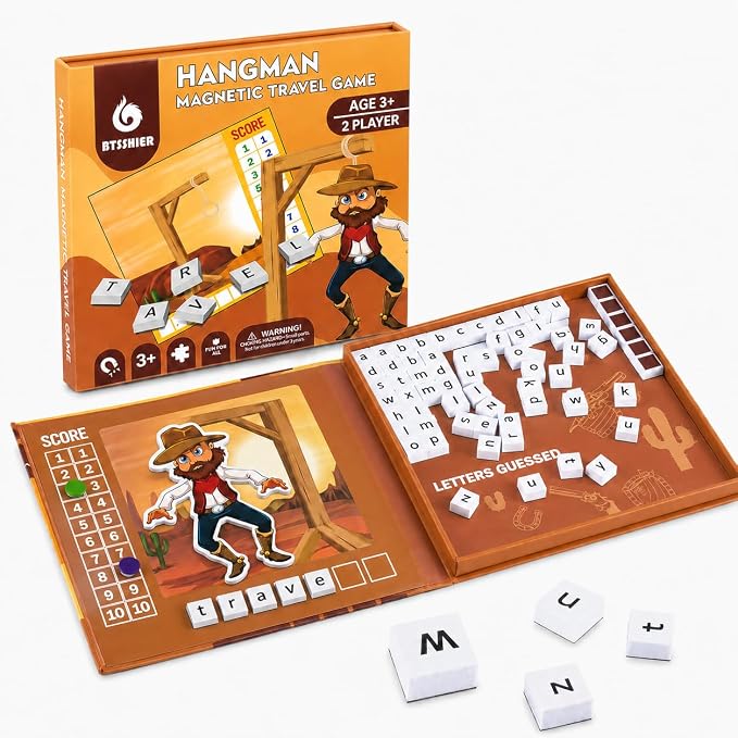 TRAVOFUN Magnetic Hangman Game | Travel Games for Kids Ages 4-8 | Reusable letters make this hangman game for kids a 2-player spelling activity for car rides, flights, and quiet time.