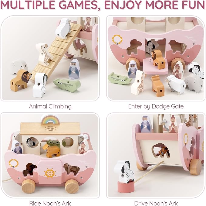 Joyreal Pink Wooden Noah's Ark Toy for 1 Year Old Baby Girl Baptism Gifts | Montessori Educational Toy, Animal Shape Sorter, Christian Toys for Toddler Boy 1-3 Years Old, Christmas Birthday Gift