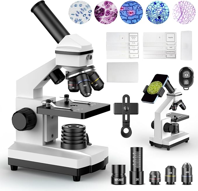 PalliPartners Compound Microscope for Adults & Students, White | 100X-2000X High-Power, Biological Microscope, School Lab & Home Education, with Slides Set & Phone Adapter