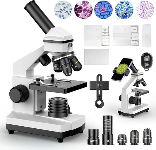 PalliPartners Compound Microscope for Adults & Students, White | 100X-2000X High-Power, Biological Microscope, School Lab & Home Education, with Slides Set & Phone Adapter
