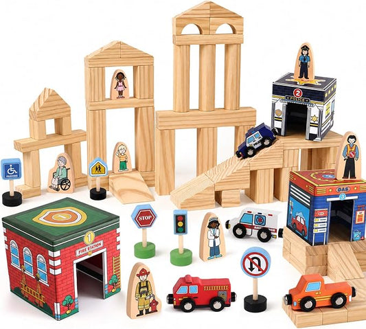 Atoylink Wooden Building Blocks for Toddlers 1-3, 108Pcs Sorting & Stacking Toys with Community Helpers & Magnetic Wooden Cars, Baby Nesting Boxes Preschool Montessori Toys for Boys Girls Gift