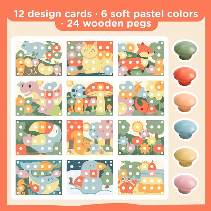 Nene Toys Wooden Color Matching Pegboard for Toddlers 2+ - Pastel Button Art Mosaic Puzzle with 24 Wooden Pegs & 12 Pattern Cards - Montessori Fine Motor Toy for 2 3 Year Old Boys Girls