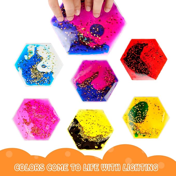 Onyoloy Sensory Soft Gel Liquid Toys - Hexagon Sensory Motion Fidget | for Autism Kids, Stress Relief & Focus, Home School Therapy Travel Toys (6 Pack)