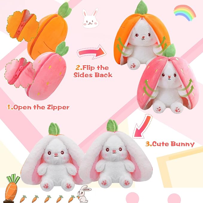 MIAODAM Carrot Strawberry Bunny Stuffed Animal,Squishy Cute Bunny Plush | Reversible Transformable Strawberry Fruit Doll, Funny Christmas/Easter Bunny Plush Gift for Kids