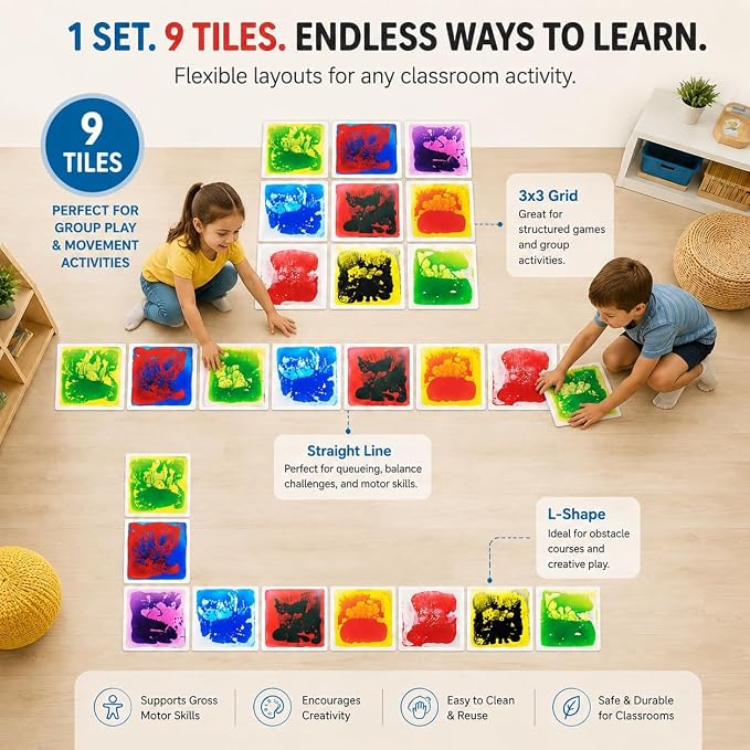 edusense Liquid Sensory Floor Tiles Non-Slip Autism Home&Classroom Play 3+ | Non-Slip Cushioned Motion Tiles for Autism Sensory Play, Classroom Bulk, Motor Skills, Visual Tracking, Ages 3+