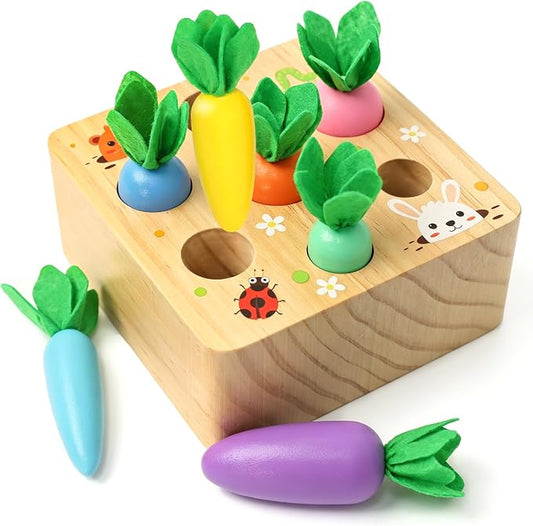 Wdmiya Montessoritoys for 1 Year Old, Developmental Wooden Toys 6-12 Months | Shape Sorting & Matching Puzzle Macaron Carrots Harvest Game, Christmas Birthday Gifts for Toddlers Babies Boys and Girls