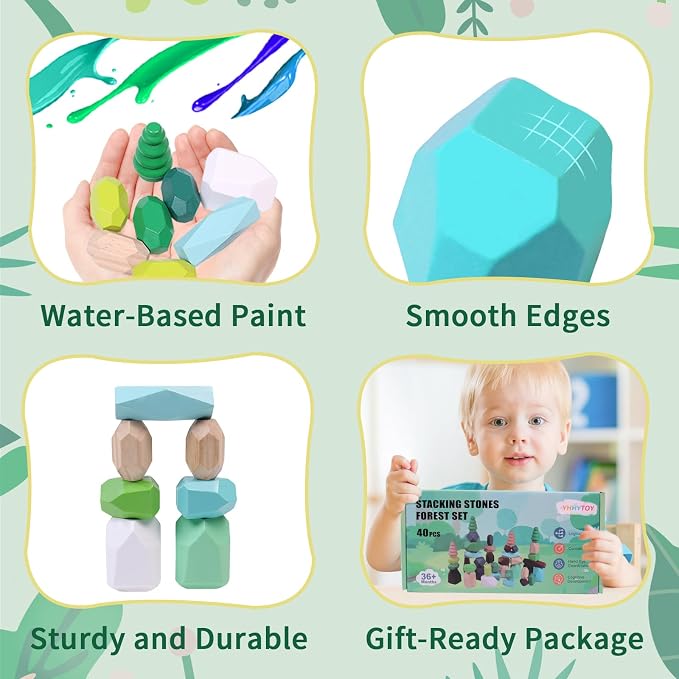 YHHYTOY 40Pcs Montessori Wooden Stacking Rocks Building Blocks Forest Theme | Preschool Sensory Learning Balancing Stacking Games Educational STEM Toys, Birthday Gifts for 3 4 5 Year Old Boys Girls Kids