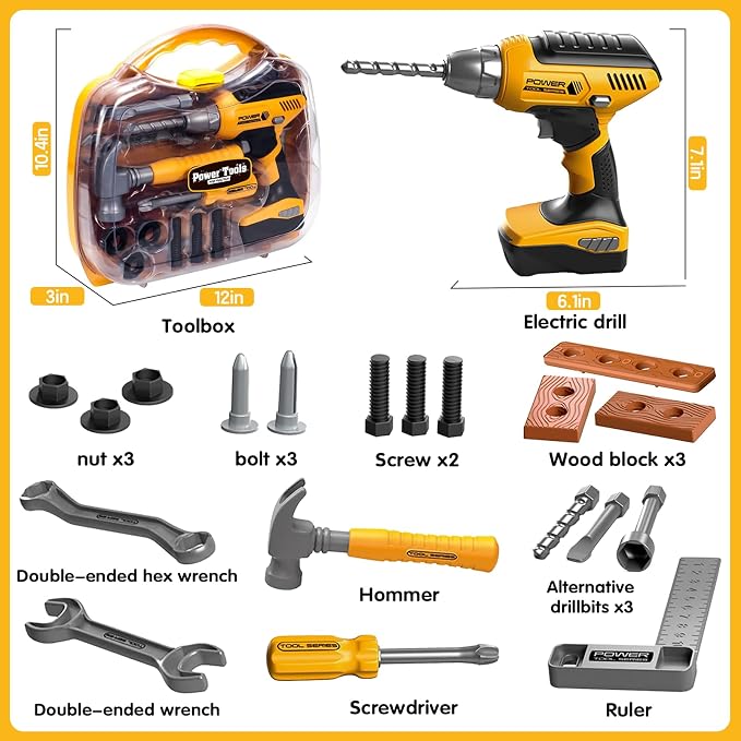 Playhiland Kids Tool Set for 3 4 5 6 7 8 Year Old Boys & Girls | Pretend Play Kids Construction Kits with Electronic Toy Drill & Tool Box, Toy Tools Christmas Birthday Gift