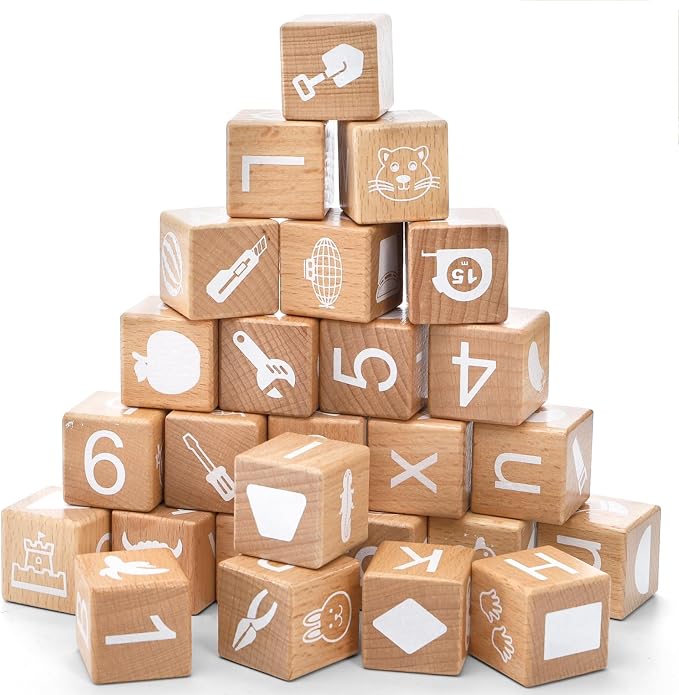 Peohud 26 PCS Wooden Alphabet Blocks, Cute ABC Building Blocks for Kids, Number Stacking Blocks, Preschool Educational Learning Toys with Shapes Objects on Every Side for Boys Girls