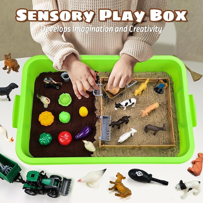 Aprilwolf 69 PCS Farm Sensory Bin Toys Playset, Sandboxes with Sand | Farmer Tractor & Farm Animals Figures Toys for Kids 3 4 5, Gifts for 6 7 8 Years Old Boys Girls