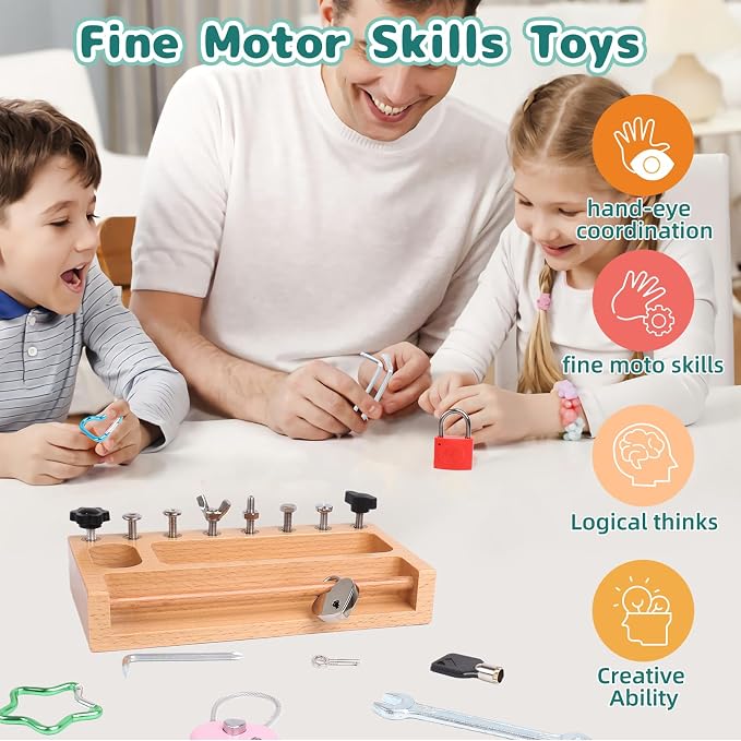 Occupational Therapy Tools Montessori Screwdriver Board Set | Kids Tool Set Lock and Key Toy Fine Motor Skills Life Skills Classroom Must Haves Travel Toys for Kids Ages 4-8 STEM Toys