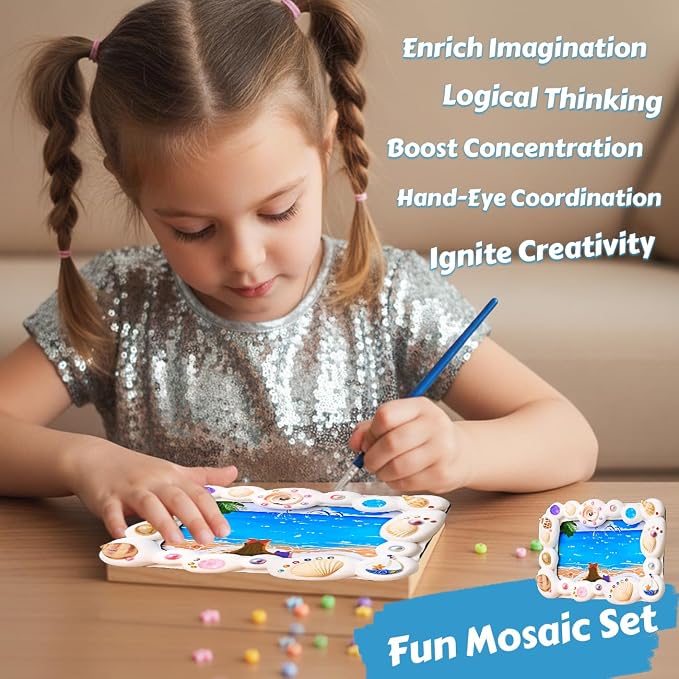 A&H Zier Mosaic Kit 3-Pack 5x7/4x6 DIY Photo Frames Craft for Kids 6+ | Mosaic kit for kids 8-12 3 wooden frames (fit 4x6/5x7) 200+ glass tiles non-toxic glue tools&instructions Fun family activity